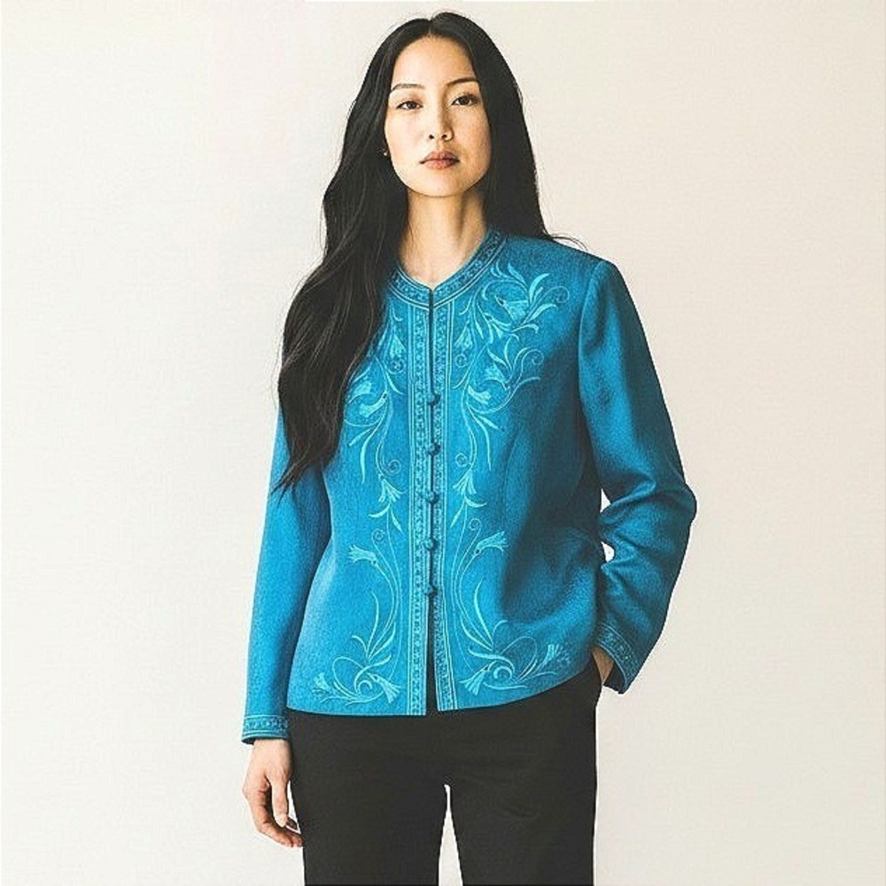 Drapers & Damons Teal Blue 100% Silk Embroidered Beaded Evening Jacket Size 14